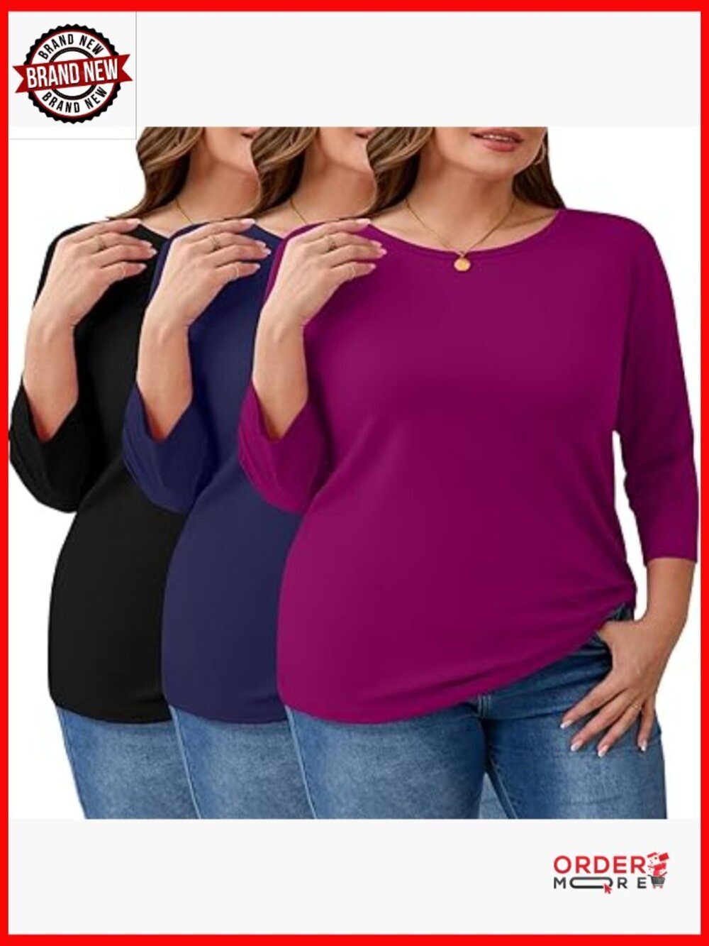3 Pack Plus Size 3/4 Sleeve T-Shirts for Women Loose Fit Tees XL-5XL